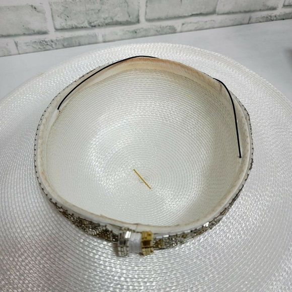 Vintage 80s 90s TIM CRAWFORD White Straw Rhinestone‎ Beaded Derby Cartwheel Hat main image 4